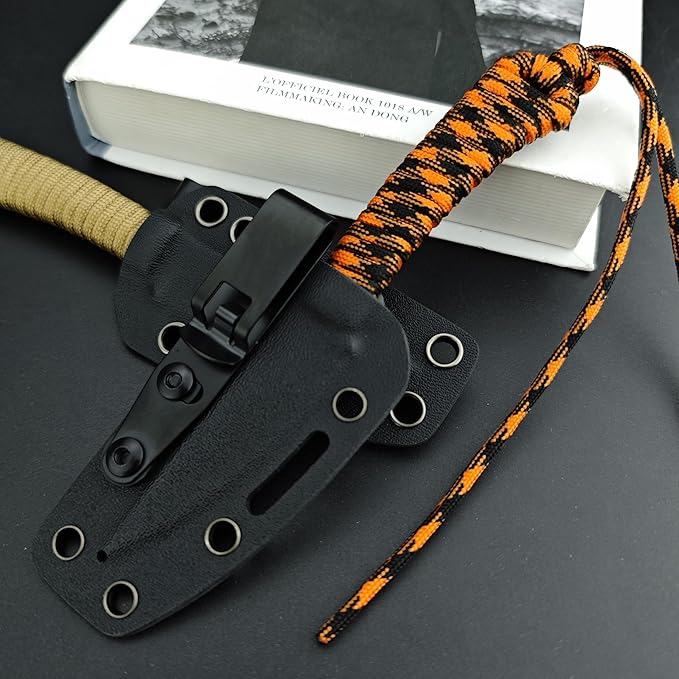 Portable EDC Fixed Blade Knife2.8'' 8Cr13Mov Steel BladeNylon Rope Handle with Kydex Sheath and PocketclipGifts for Men WomenLightweight Full Tang Knives for Camping Hiking Fishing (Orange)
