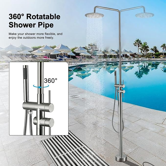 RBROHANT Freestanding Outdoor Shower Nickel Height Adjustable Outside Showers for Backyard Garden Pool Beach Outdoor Shower Fixtures with 10” Rain Shower Head and Handheld Brushed Nickel JK0317