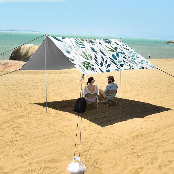 Elegant Botanical Flowers Beach Tent Sun Shelter Set UPF50+ UV Protection 10.5 x 9.19 FT Camping Shade Canopy with Sandbags Sand Anchors Carrying Bag and Others