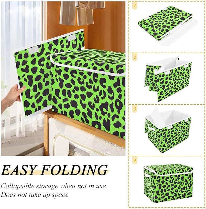 Storage Cube with Lid Green Leopard Camo Print 16.5×12.6×11.8 IN Collapsible Large Capacity Foldable Storage Basket Bin Organizer