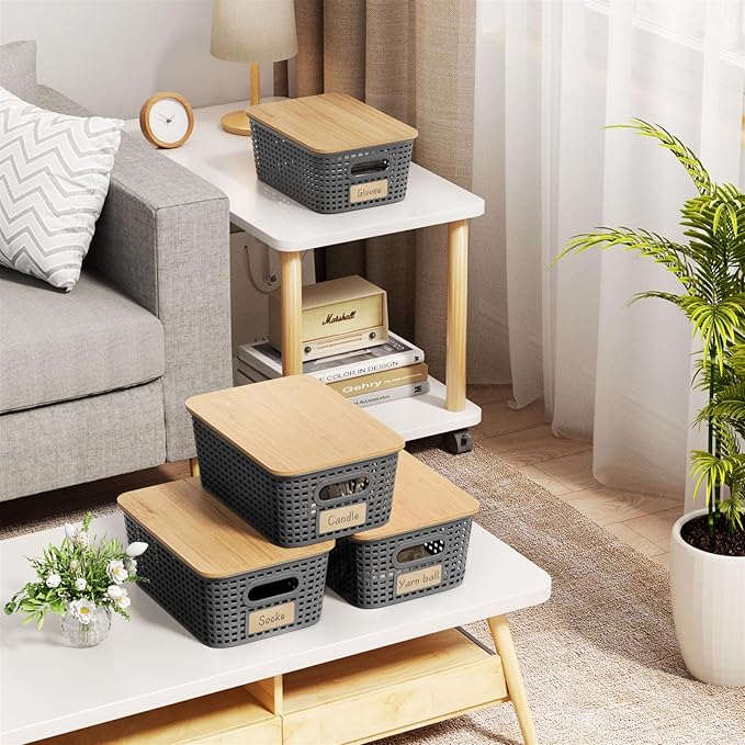 6Pcs Storage Bins with Lids Stackable Plastic Storage Basket with Bamboo Lid Pantry Organizer Box Small Containers for Organizing Shelves Drawer Desktop Closet Cabinet Office Classroom 10x7.1x4.1in