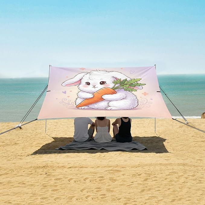 Bunny Beach Canopy Sun Shelter with Sandbags &amp Sand Shovel &amp Windproof Ropes - Portable 110x126 Beach Shade Beach Tent for Camping Picnics