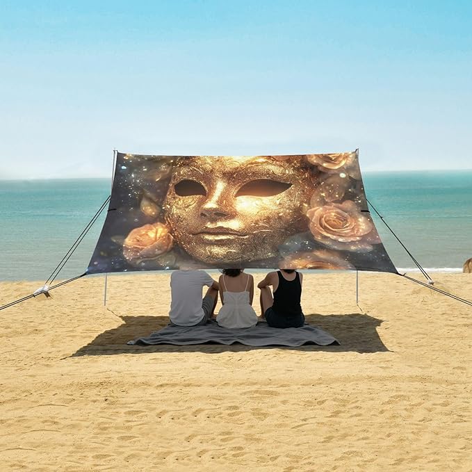 Carnival Golden Mask Pattern Beach Tent Sun Shelter Set UPF50+ UV Protection 10.5 x 9.19 FT Camping Shade Canopy with Sandbags Sand Anchors Carrying Bag and Others