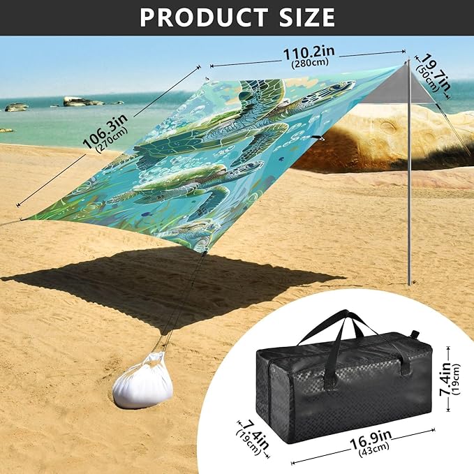 ALAZA Two Sea Turtles Seaweed Bubbles Beach Tent Sun Shelter Portable Canopy Sunshade for Outdoor Camping Picnics Backyard Fun 10x9 ft