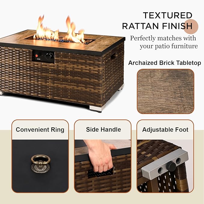 2-Piece Rattan Wicker Propane Fire Pit Table w/Tank Holder Handmade 32-inch Gas Fire Pits for Outside Patio Ceramic Tabletop with Steel Lid Lava Rocks 40000 BTU Rectangle (Brown)