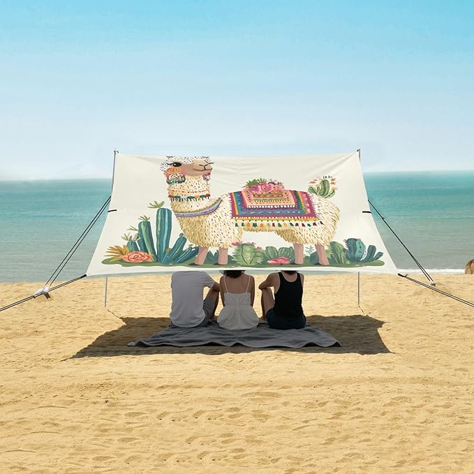 ALAZA Ethnic Llama Cactus Flower Carttoon Beach Tent Sun Shelter Portable Canopy Sunshade for Outdoor Camping Picnics Backyard Fun 10x9 ft