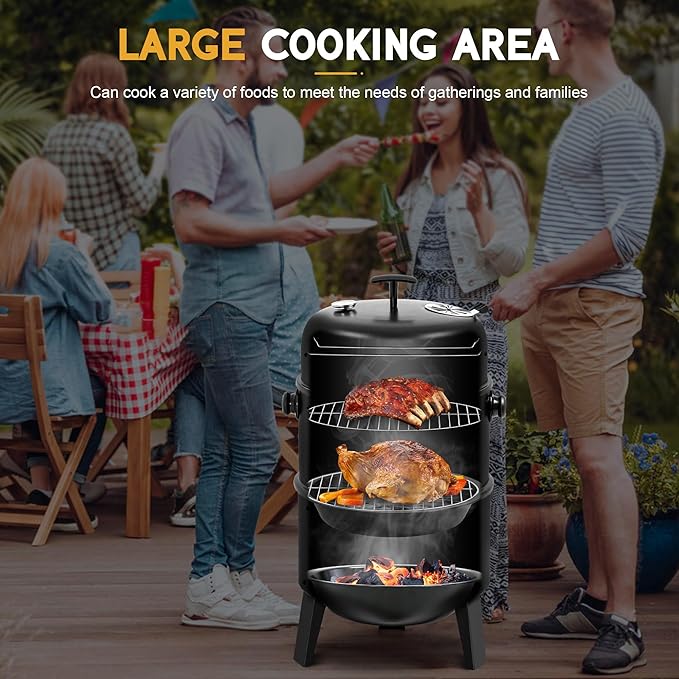 MASTER COOK 16 inch Charcoal Smoker Vertical BBQ Grill Heavy Duty 4 In 1 Fire Pit with built-in Thermometer &amp Adjustable Vent System for Backyard Patio Camping