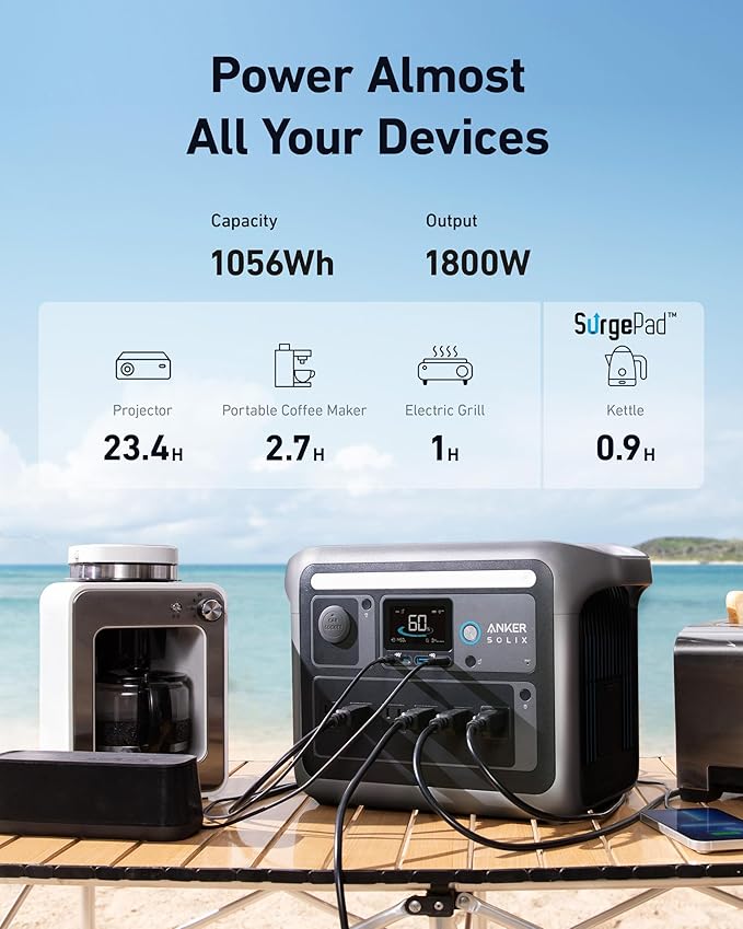 Anker SOLIX C1000 Portable Power Station with 100W Solar Panel 1800W Solar Generator 1056wh LFP (LiFePO4) Battery 6 AC Outlets Up to 2400W for Home Power Outages and Outdoor Camping