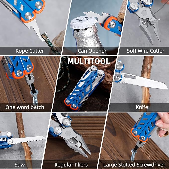 HANSHI 15 in 1 Multitool Pliers with Scissors Upgraded Heavy Duty Stainless Steel Multi Tool with YG10 Tungsten Steel Replaceable Wire Cutters for Survival Camping HikingRepair and Gift (Blue)