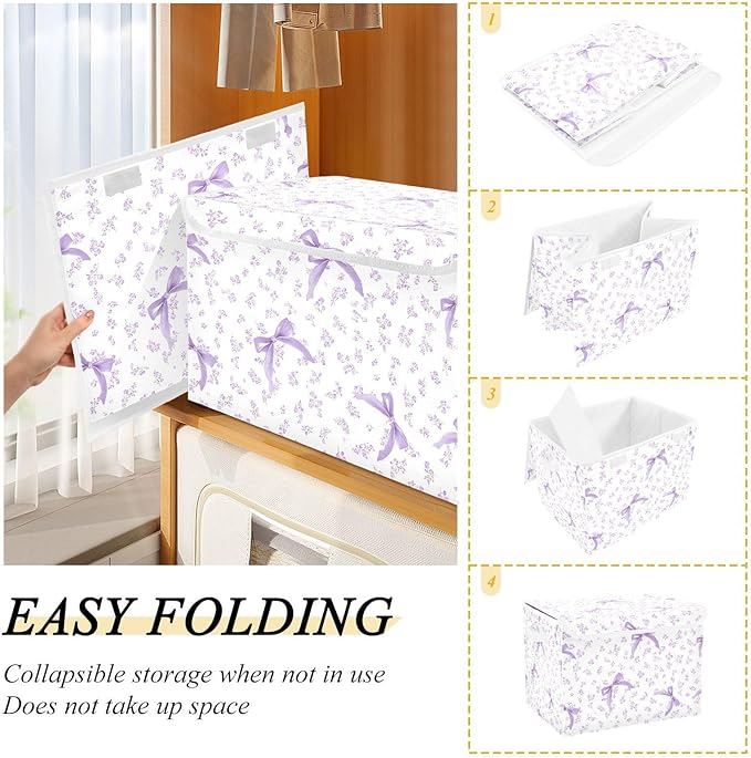ALAZA Purple Floral Bow Storage Bins Organizer Box Baskets Lidded Clothes for Shelves Closet Collapsible Stackable Storage Cubes Handles