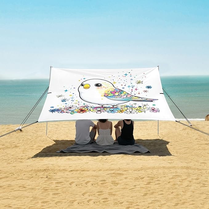 Sweet Cute Bird Beach Canopy UPF50+ Protection Lightweight Large Sun Shelter with Sand Shovel Sandbags for Camping Picnics Backyard &amp Fishing