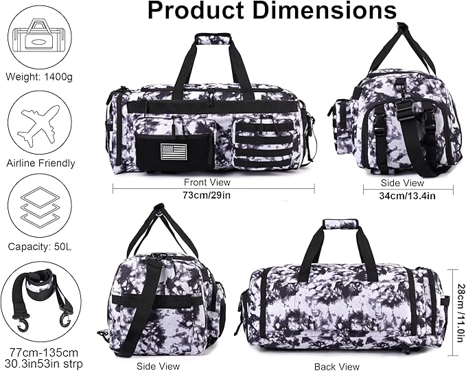 LHI 50L Tactical Duffle Bag for Men 3-in-1 Gym Duffle and Backpack Shoe Compartment Laptop Sleeve and MOLLE Carry-On Travel Weekender and Overnight Bag – Black and White