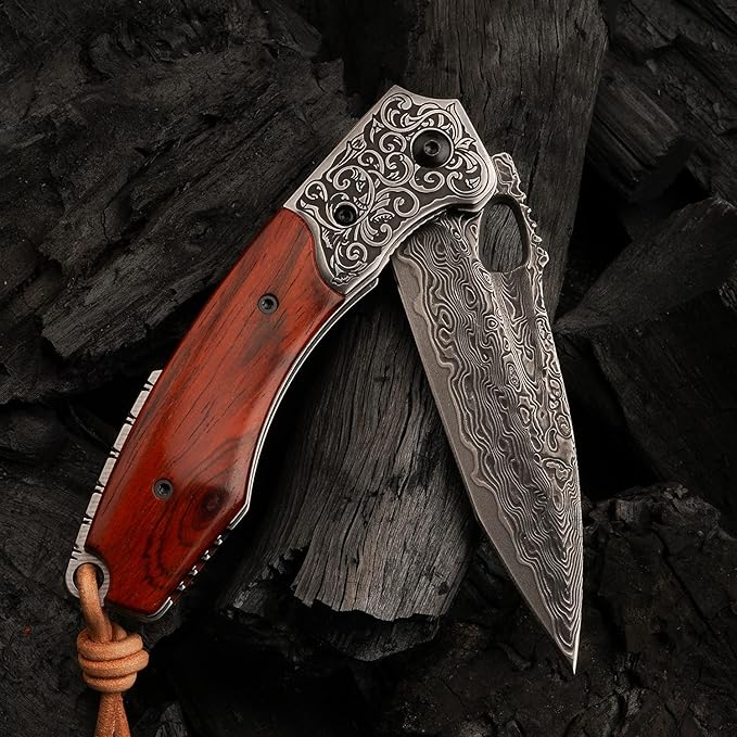 forging handmade vg10 damascus steel folding kniferosewood handle leather sheathedc pocket knives for men outdoors camping fishing