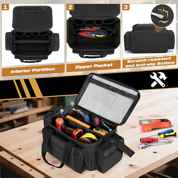 Tactical Tool Bag with Anti-friction Bottom Hand Tool Tote Storage Organizer for Men Small Range Bag for Electricians Carpenters Mechanics and Repairman Black