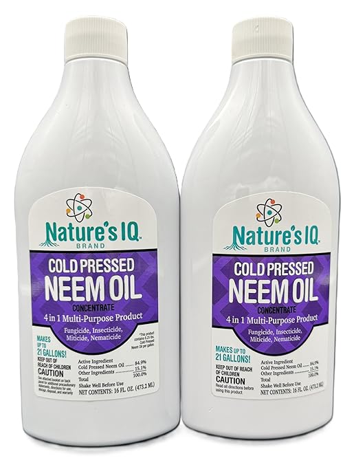 Nature's IQ Advanced Formula Neem Oil Concentrate Twin Pack. Makes up to 42 gallons of Neem Oil Spray for Plants. Just add Water. Insecticide miticide Fungicide and Nematicide. 2-16oz Bottles