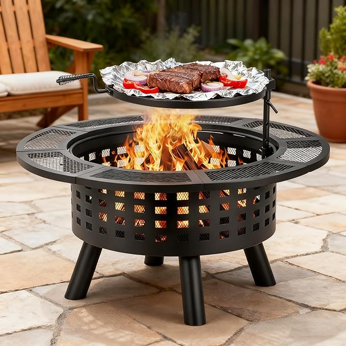 36 inch Outdoor Fire Pit with GrillWood Burning Fire Pits for Outside with Lid &amp Fire PokerMetal 3-in-1 Firepit Table with Cooking GrateOutdoor Firepit for YardBonfirePatio(Charcoal)