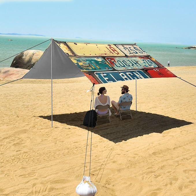 ALAZA Retro Auto License Plates Beach Tent Sun Shelter Portable Canopy Sunshade for Outdoor Camping Picnics Backyard Fun 10x9 ft