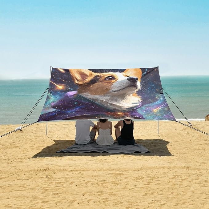 ALAZA Corgi Dog Starry Sky Beach Tent Sun Shelter UPF50+ Protection Beach Shade Canopy w/ 4 Sandbags for Outdoor Camping Fishing Backyard Fun Picnic 10x9 ft