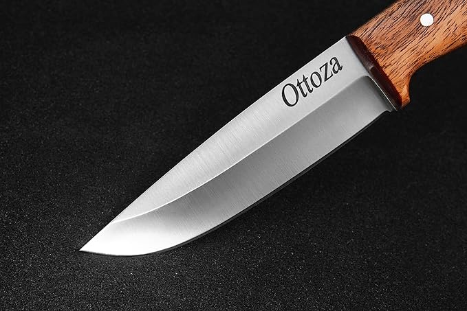 Ottoza Full Tang Bushcraft Knife with 1095 Carbon Steel Fixed Blade - Survival and Outdoor Camping Knife - Musket Wood Handle Brown Leather Sheath 402