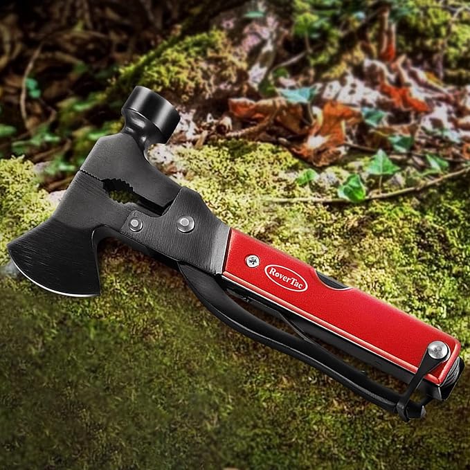 RoverTac 14-in-1 Multitool Camping Axe Hatchet – Essential Camping Gear with Knife Hammer Saw Bottle Opener Screwdriver – Multi Tool with Sheath – Gifts for Men Dad and Outdoor Adventures