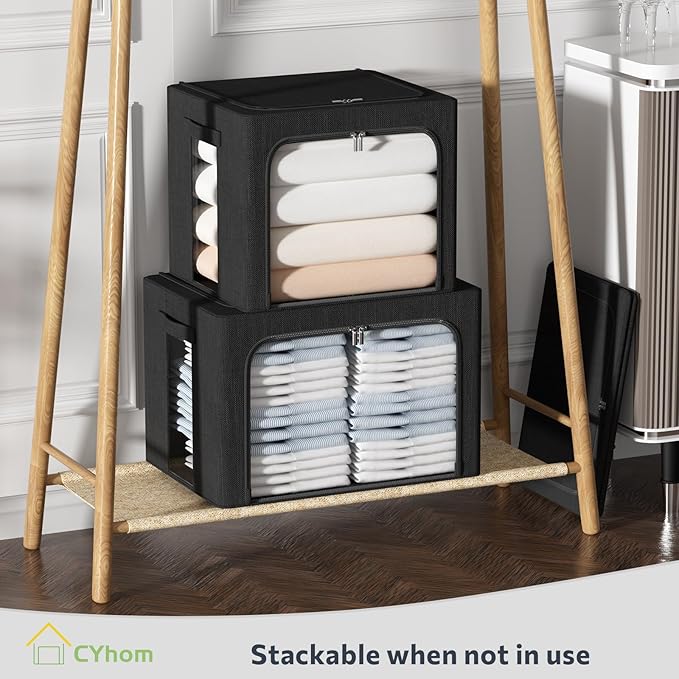 CYhom Clothes Storage Bins Box - Linen Fabric Foldable Stackable Container Organizer Set with Clear Window &amp Carry Handles &amp Metal Frame (Black Medium-36L)