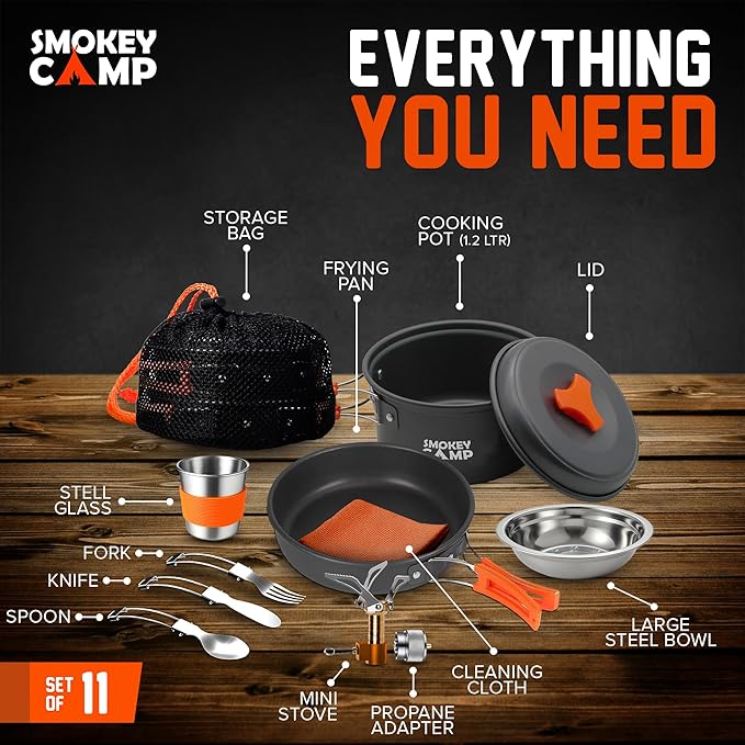 Smokey Camp Camping Cookware Mess Kit Set with Stove - Backpacking Camping Pots and Pans Set All in One Non-Stick Camping Cooking Set Portable Stove Hiking Picnic Outdoor &amp Camping Cookware S