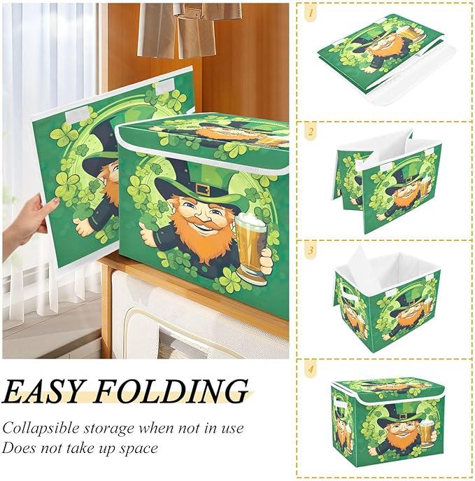 Christmas Storage Baskets with Lids Leprechaun Collapsible Bins Stackable Fabric Linen Baskets Closet Organizer Container 16.5x12.6x11.8
