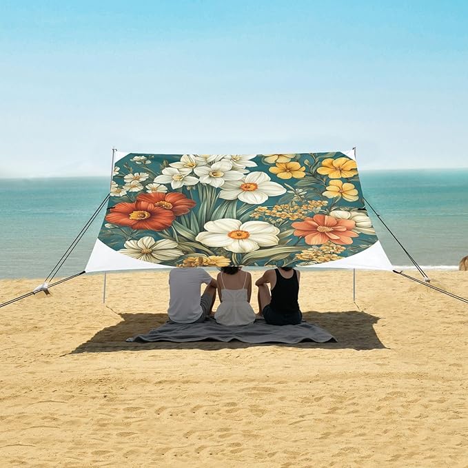 Florals Daffodil Bleeding Heart Dahlia Beach Tent &amp Canopy UPF50+ Lightweight Sun Shelter with Sandbags and Shovel for Backyard and Camping