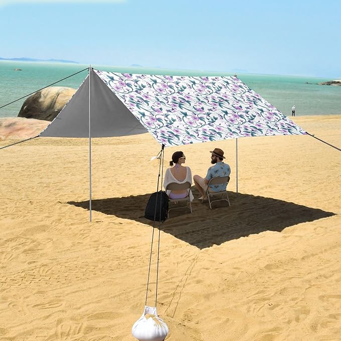 ALAZA Purple Cherry Blossom Flower Beach Tent Sun Shelter UPF50+ Protection Beach Shade Canopy w/ 4 Sandbags for Outdoor Camping Fishing Backyard Fun Picnic 10x9 ft