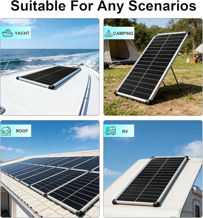 18BB 100 Watt Solar Panel N-Type 18V 100W Solar Panel 25% High Efficiency Monocrystalline PV Modules IP68 Waterproof for RV Marine Rooftop Farm Trailer Home Off-Grid System
