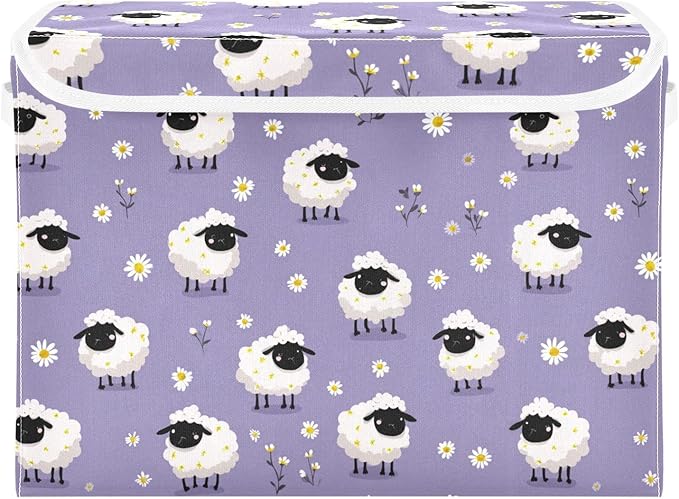 Lavender Sheep and Daisy Collapsible Storage Bins with Lids Decorative Fabric Cubes Closet Organizer Basket Boxes Containers for Clothes Box Chest Folding Rectangle