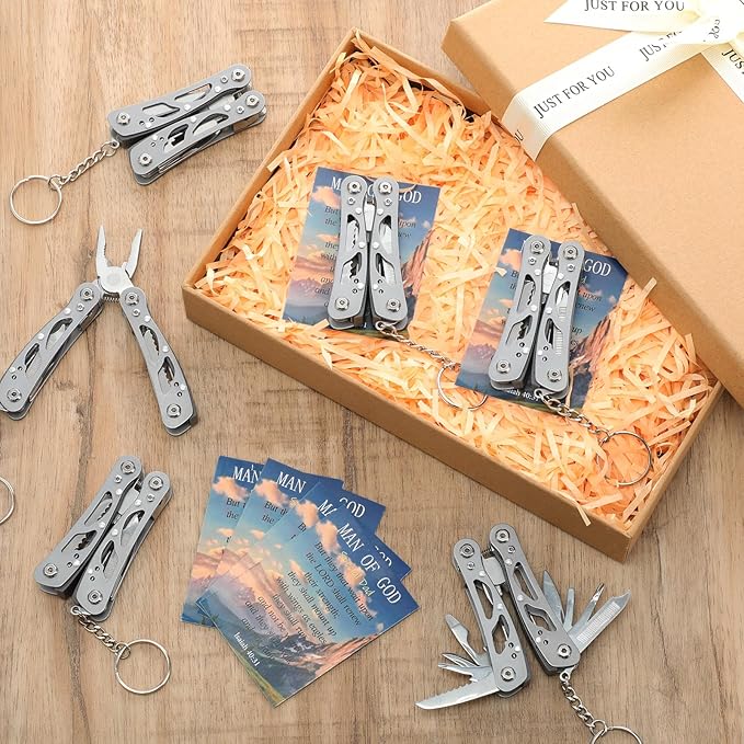 6 Pack Father's Day Mini Multitool Pliers Gifts with Man of God Cards for Men Him Dad Boyfriend Small Multitool Pocket Pliers Stainless Steel Mini Plier Man of God Gifts Father's Day Gift