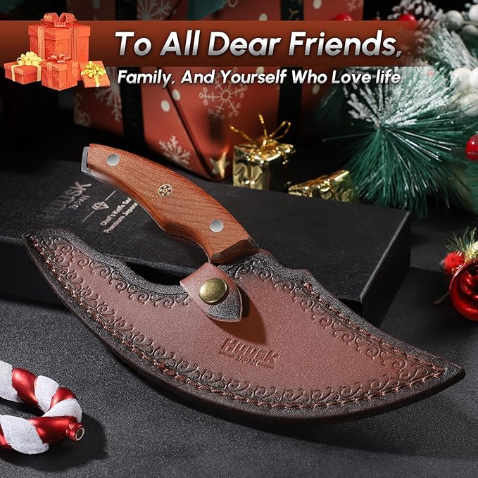Huusk Japan Ulu Knife with Sheath - Christmas Gift for Men and Women - Hand Forged Caveman Ultimo Knife with Full Tang Wooden Handle - BBQ Knives for Vegetables Fruit Pizza
