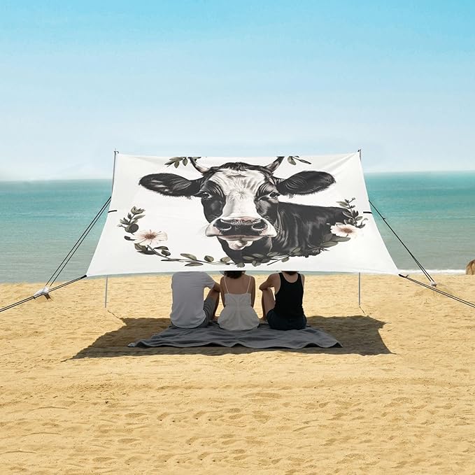 ALAZA Cow Portrait Beach Tent Sun Shelter UPF50+ Protection Beach Shade Canopy w/ 4 Sandbags for Outdoor Camping Fishing Backyard Fun Picnic 10x9 ft