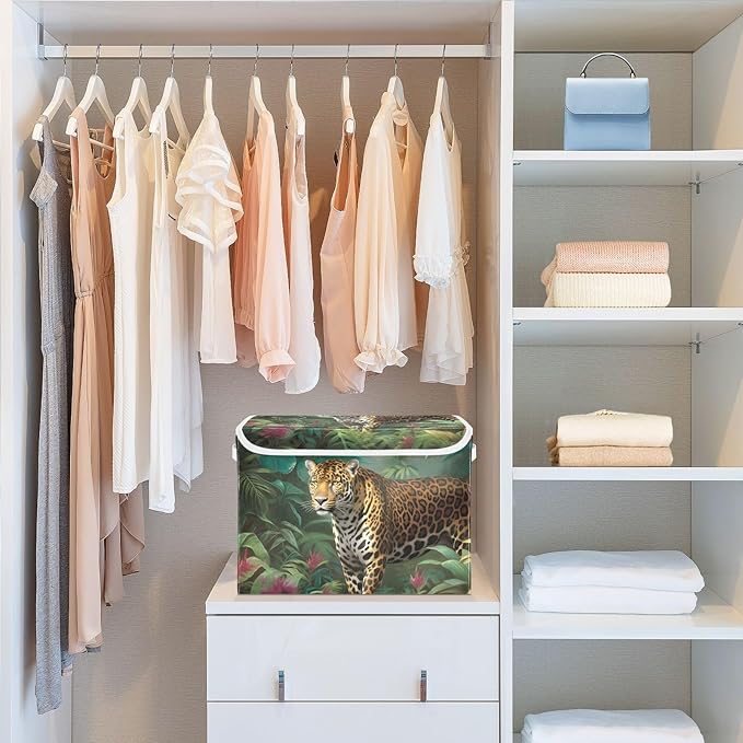 Leopard in Jungle Storage Cube with Lid Collapsible Flip-top locker Fabric Storage Bins Basket with Handle for Home Bedroom Closet Office 16.5×12.6×11.8 in