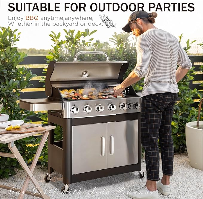 Sophia &amp William 6-Burner Propane Gas BBQ Grill with Side Burner &amp Porcelain-Enameled Cast Iron Grates Stainless Steel Barbecue Grills Outdoor Cooking for Outside 665 SQ.IN. Cooking Area 65