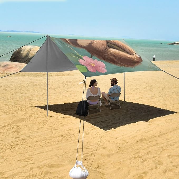 ALAZA Cartoon Sloth with Flower Tree Beach Tent Sun Shelter Portable Canopy Sunshade for Outdoor Camping Picnics Backyard Fun 10x9 ft