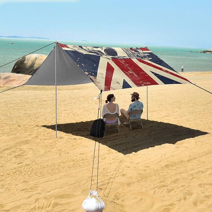 ALAZA Skull and British Flag Beach Tent Sun Shelter UPF50+ Protection Beach Shade Canopy w/ 4 Sandbags for Outdoor Camping Fishing Backyard Fun Picnic 10x9 ft