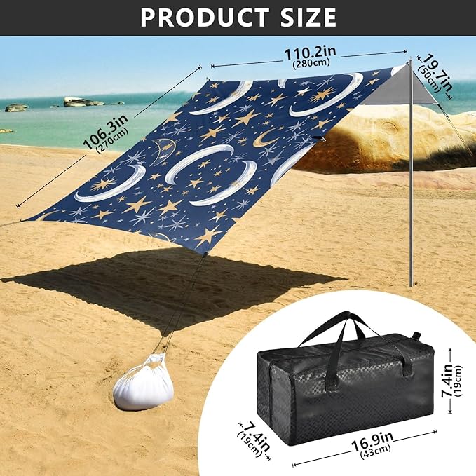 ALAZA Moon Stars on Blue Beach Tent Sun Shelter Portable Canopy Sunshade for Outdoor Camping Picnics Backyard Fun 10x9 ft