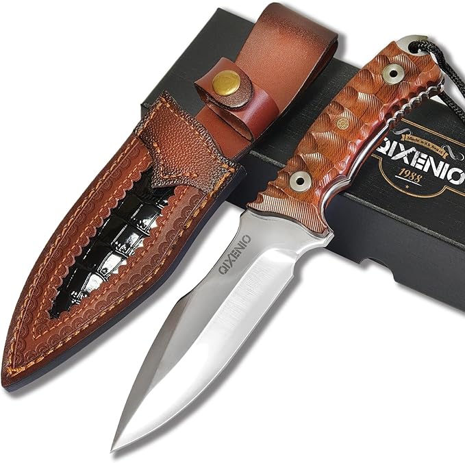 Fixed Blade Hunting Knife 10.6 Full Tang Survival Knife with 9Cr15MoV Steel Blade Heavy Duty Outdoor Knife with Window Breaker Non-Slip Extended Tang Leather Sheath for Survival Camping Hiking