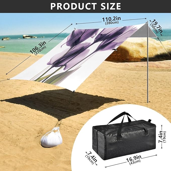 ALAZA Purple Calla Lily Beach Tent Sun Shelter UPF50+ Protection Beach Shade Canopy w/ 4 Sandbags for Outdoor Camping Fishing Backyard Fun Picnic 10x9 ft