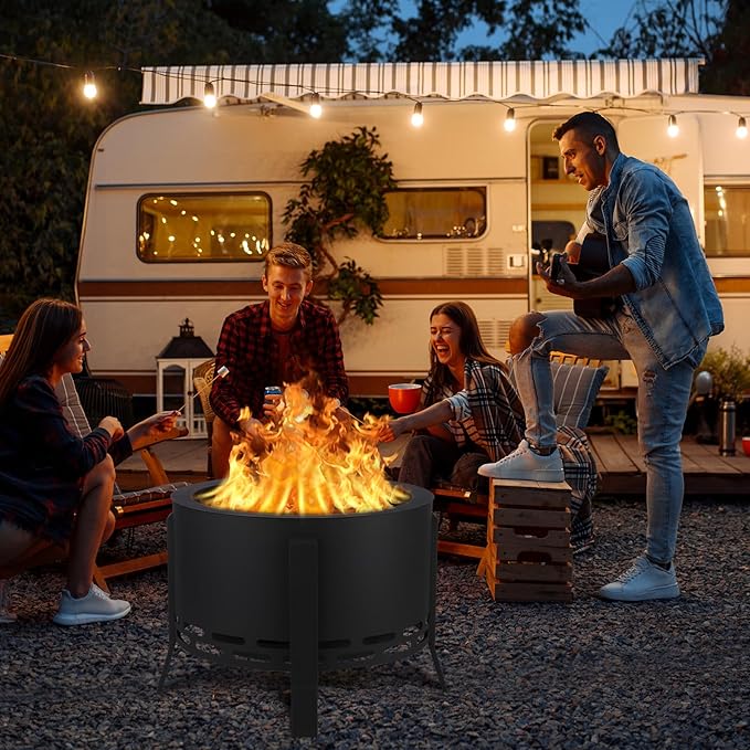 GarveeLife 26 in Smokeless Fire Pit with Ash Tray BaseSmokeless Outdoor Firepits with Adjustable Foot&ampFire PokerFirepit with Dust BagOutdoor Fire Pits for BBQBonfireCamping