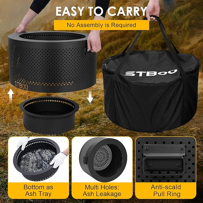 STBoo 24 Inch Smokeless Fire Pits for Outside with Portable Carrying Storage Bag Low Smoke Outdoor Fireplace for Bonfire Picnic Backyard on Beach Black XL