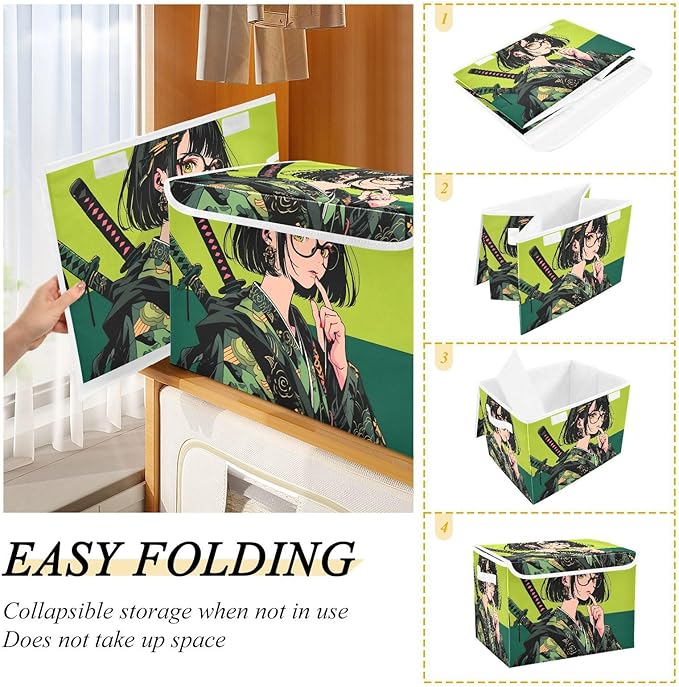 Green Samurai Storage Cube Bins Basket with Lid Collapsible Flip-top Fabric with Handle for Home Bedroom Closet Office 16.5×12.6×11.8 in
