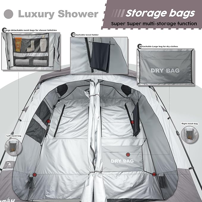 Camping Shower Tent Deluxe Changing Room Easy Set Up Privacy ShelterLarge Toilet Tent with Floor Drain Design for Beach CampingHiking with Stakes and Ropes for Stability