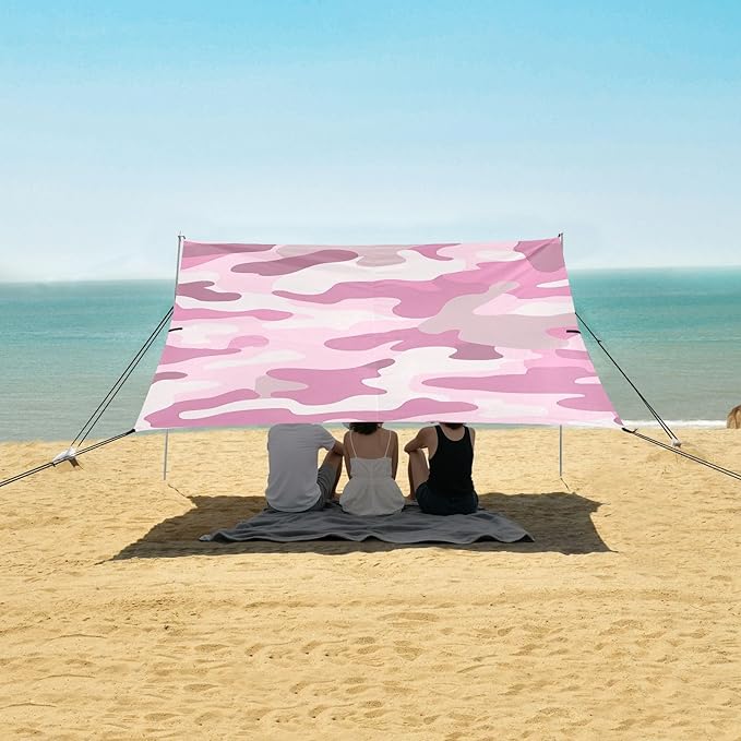 Silver Gray Foldable Beach Canopy UPF50 Lightweight Portable Sun Shelter with Sandbags Sand Shovel Poles for Camping Picnics Backyard