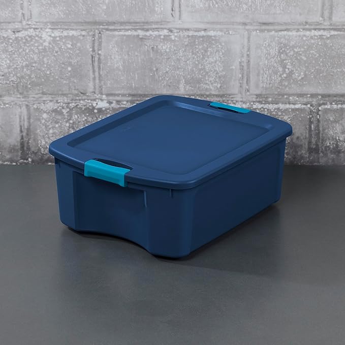 Sterilite 12 Gal Latch and Carry Stackable Storage Bin with Latching Lid Plastic Tote Container to Organize Closets Blue with Blue Lid 6-Pack