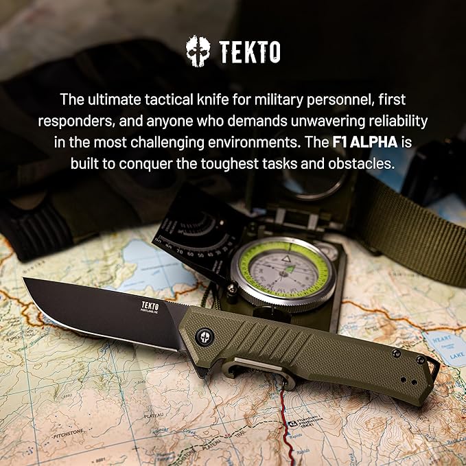 F1 Alpha Folding Pocket Knife - Modified Straight Back Blade Titanium Coated D2 Steel Ideal for Outdoor Camping and Backpacking Tactical G10 OD Green Handle Black Titanium Accents