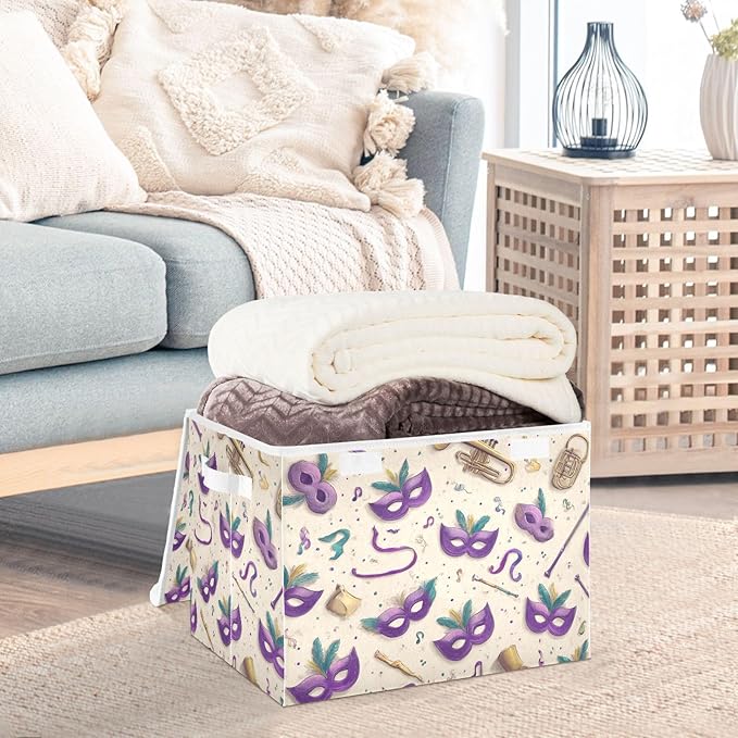 Beige Shrove Tuesday Masks Storage Box with Lid 1 PC Foldable Storage Bin with Lids Stackable Storage Bins Cube Closet Organizer Basket with Flip-Top Lid &amp Handles for Shoes Books Towels