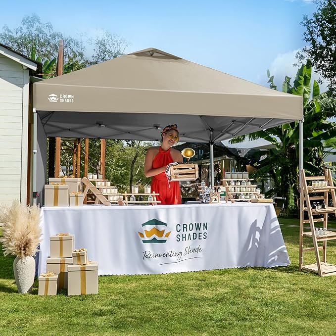 CROWN SHADES 12x12 Pop Up Canopy Tent Instant Commercial with 150D Silver Coated Fabric Including 1 Removable Sidewall 4 Ropes 8 Stakes Weight Bags STO 'N Go Bag Beige